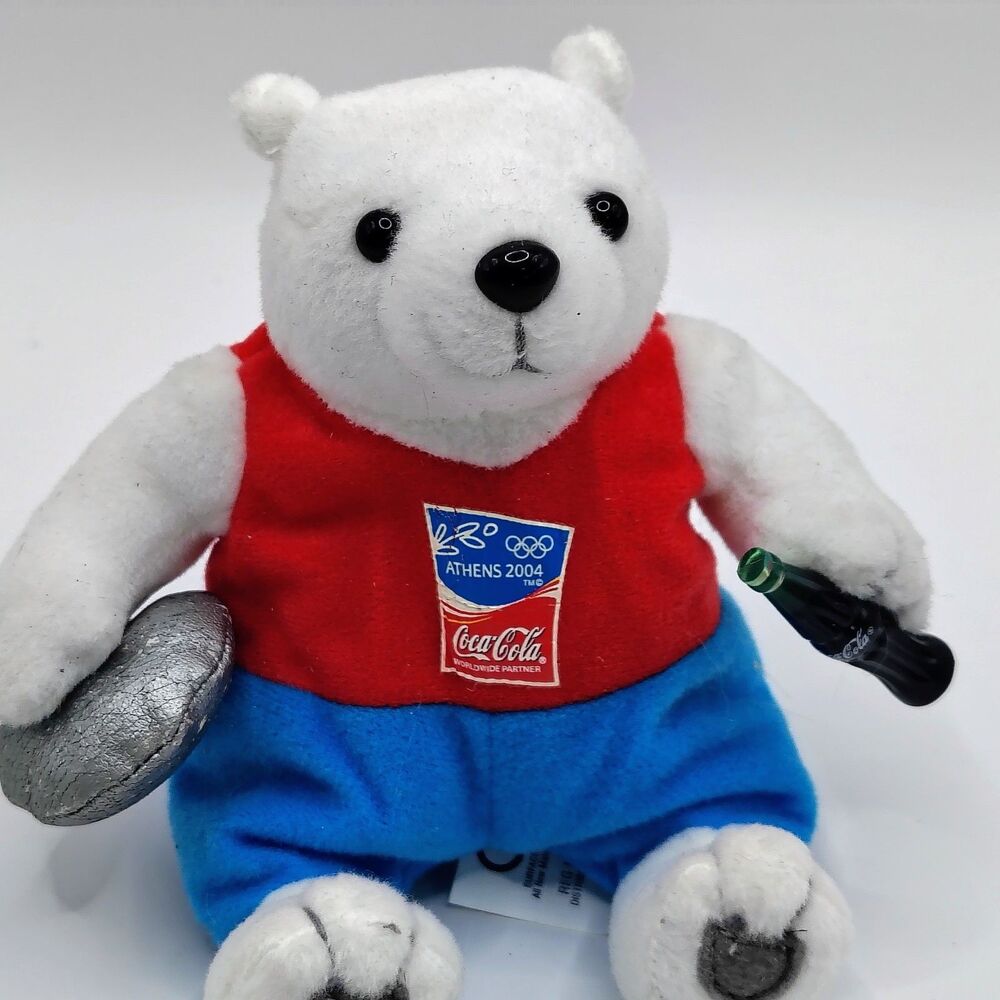 Coca Cola Plush Polar Bear Holding A Coke bottle 2004 Athens Olympics Discus